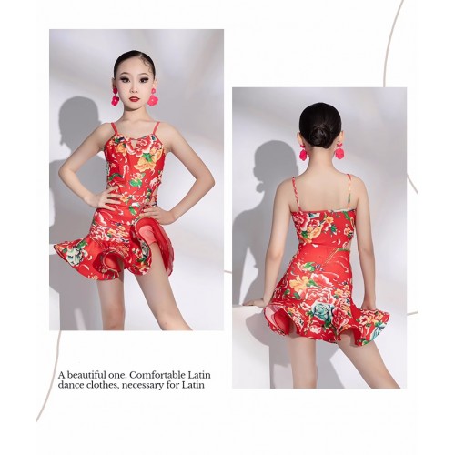 Red floral latin dance dresses for kids girls modern dance outfits salsa rumba ballroom latin dance costumes for kids 